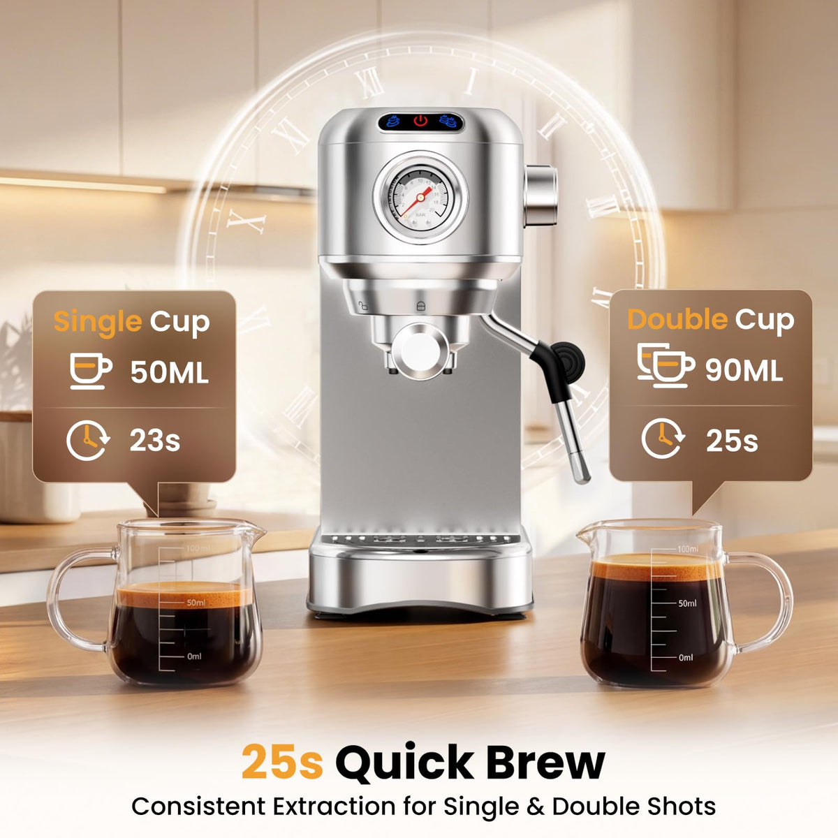 20 Bar Compact Stainless Steel Espresso Machine with Milk Frother U5914