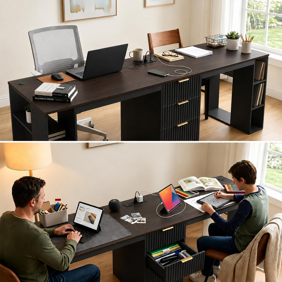 Black 2 Person Desk with Power Outlet and USB Ports H1743