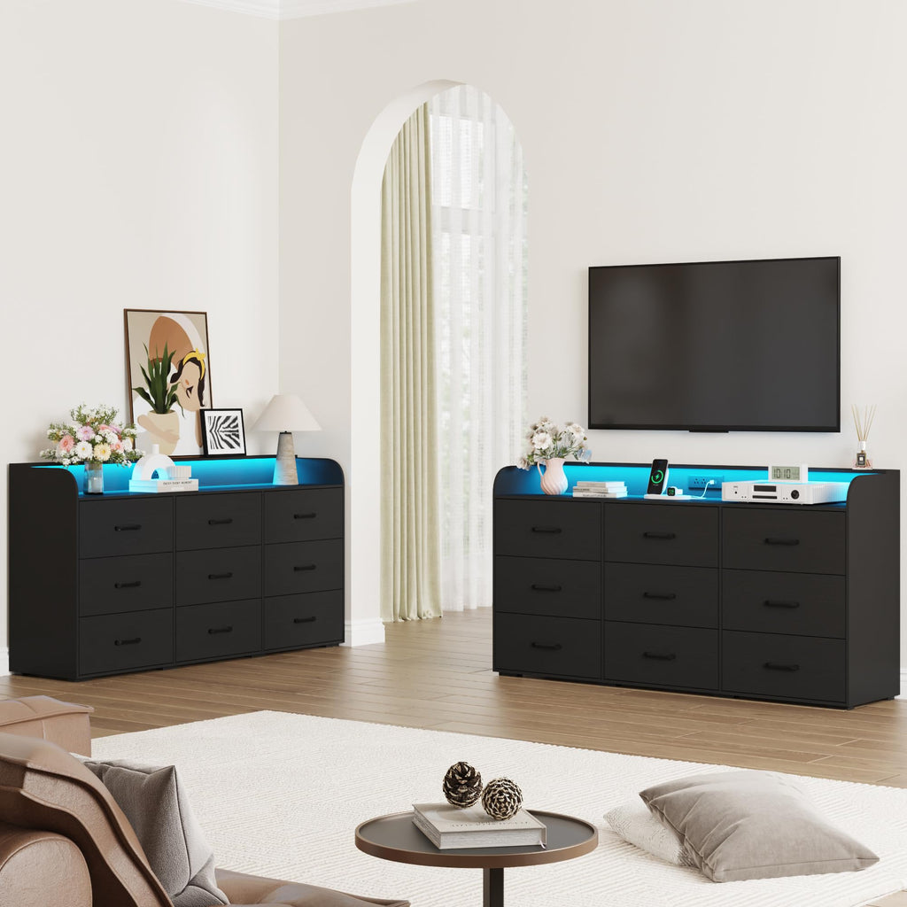 Black 9 Drawer Wood Dresser with Power Outlet and LED Lights V62954
