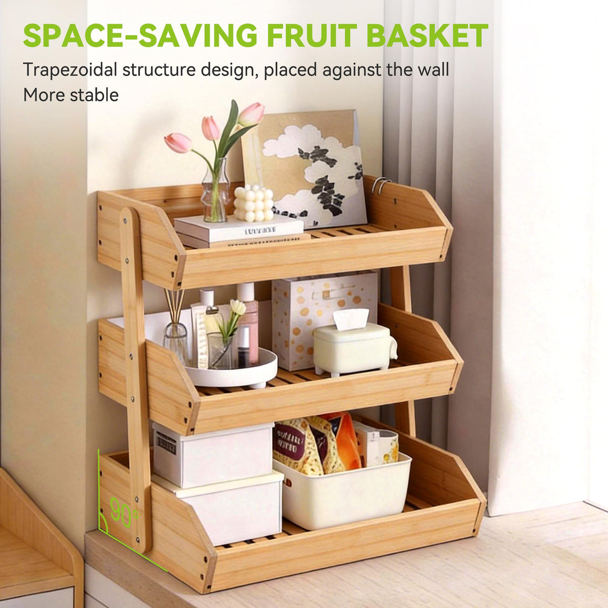 3 Tier Bamboo Fruit Basket with 2 Banana Hangers Q516670
