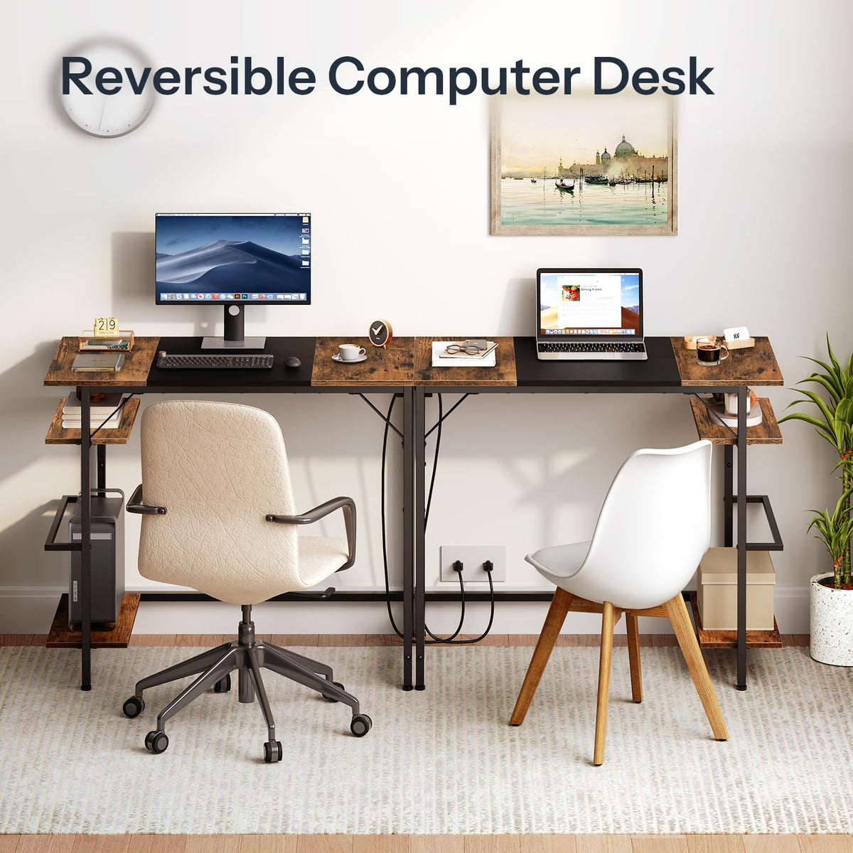Small Computer Desk with Power Outlet and 2 Shelves B7244