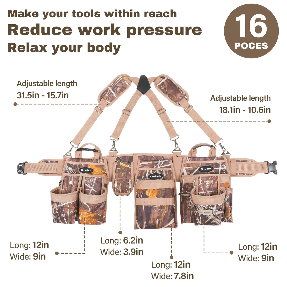 7-Piece Tool Belt Rig with 16 Pockets and Dual Hammer Loops O2994