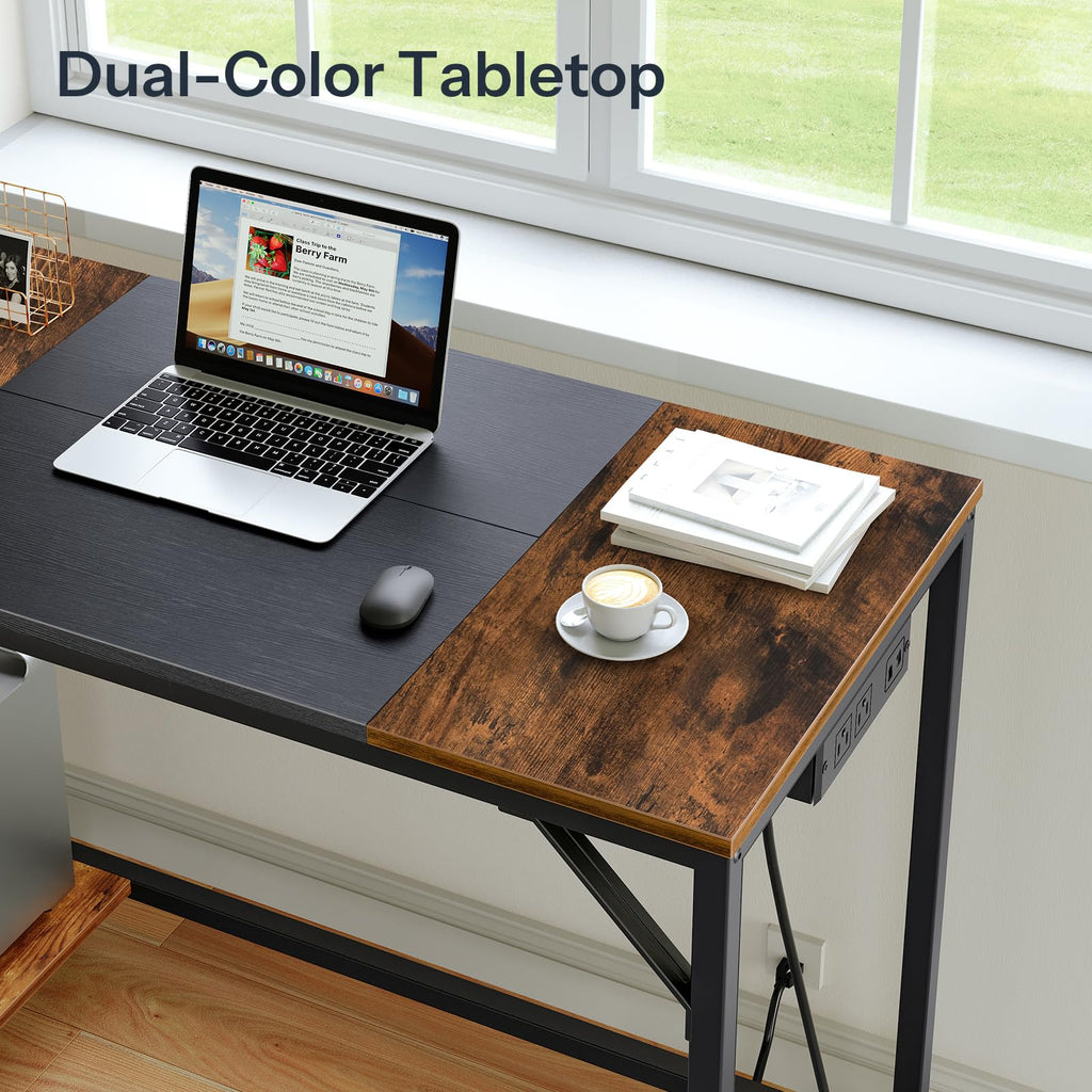 Small Computer Desk with Power Outlet and 2 Shelves B7244
