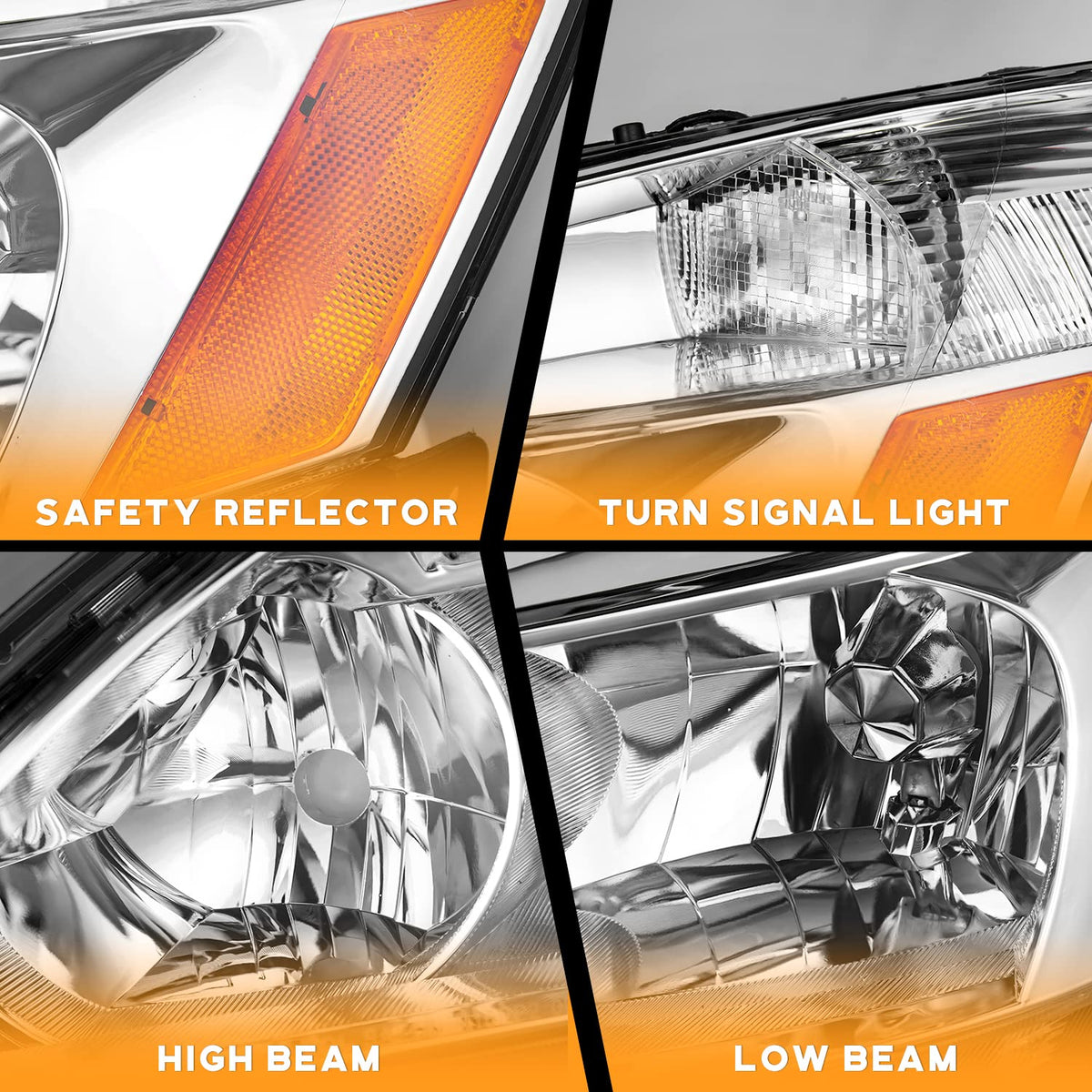 Headlights for 2003-2007 Honda Accord Chrome Housing Amber Reflector Left+Right S893