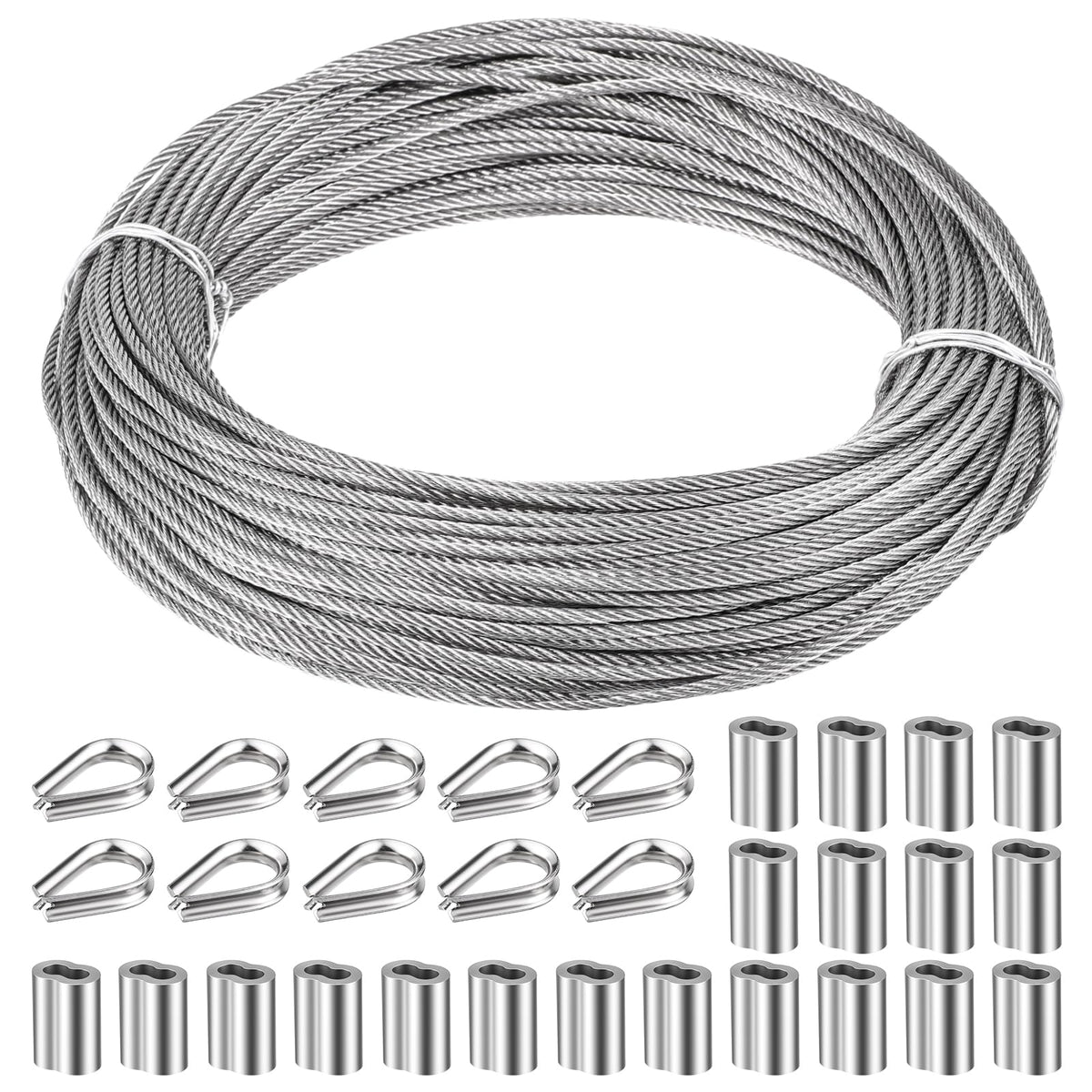 1/8" Stainless Steel Cable 100ft Wire Rope with Loop Sleeve and Thimble X373