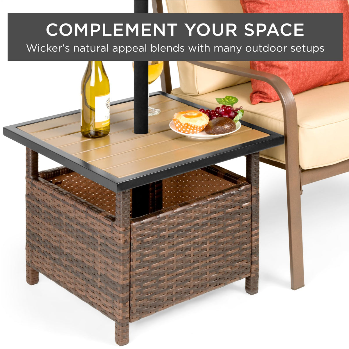 Brown Wicker Square Side Table with Umbrella Hole Q378252