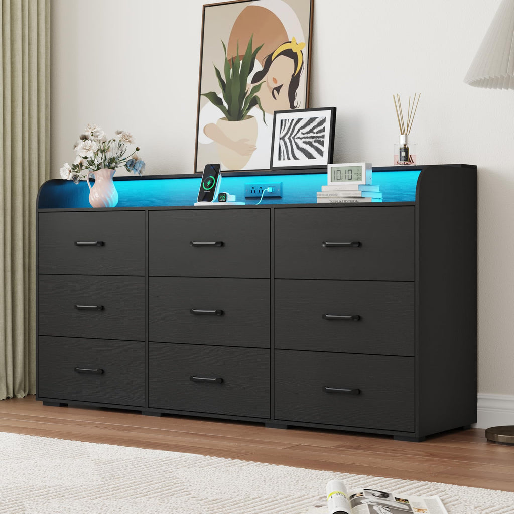 Black 9 Drawer Wood Dresser with Power Outlet and LED Lights V62954