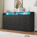 Black 9 Drawer Wood Dresser with Power Outlet and LED Lights V62954