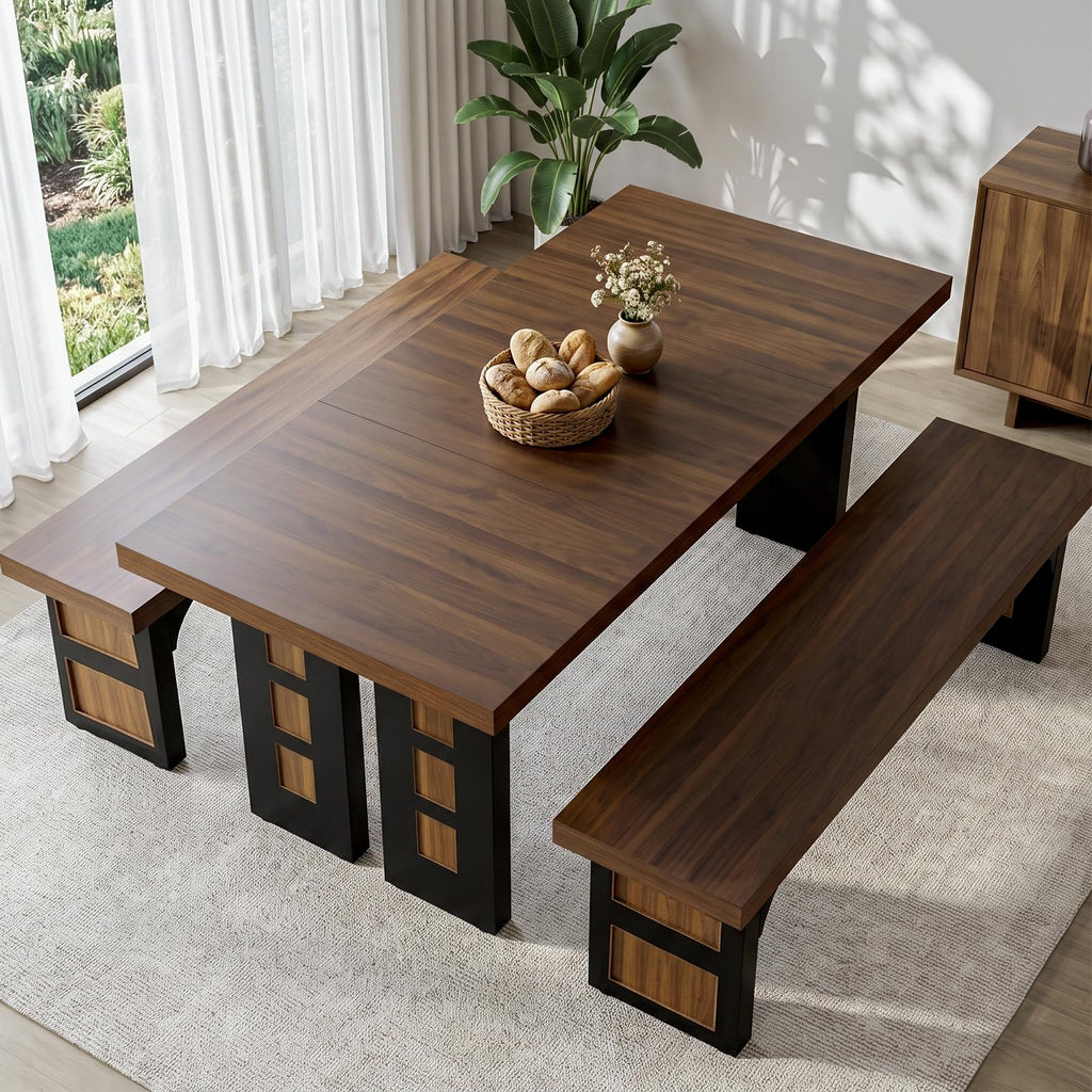 70.9" Wood Dining Table Set with 2 Benches L165