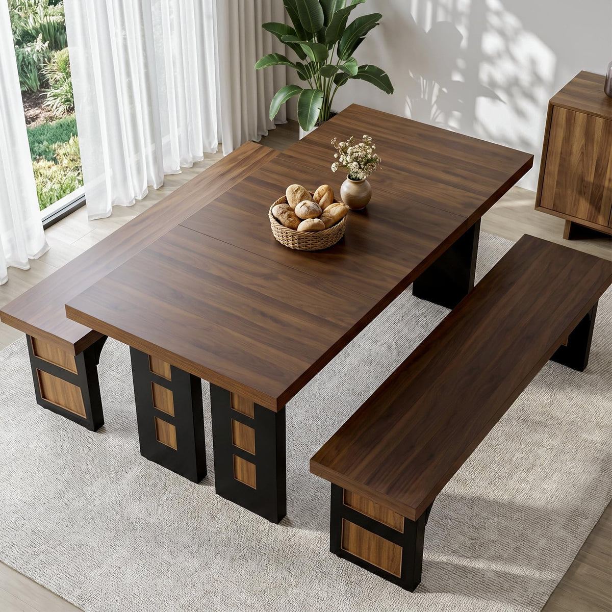 70.9" Wood Dining Table Set with 2 Benches L165