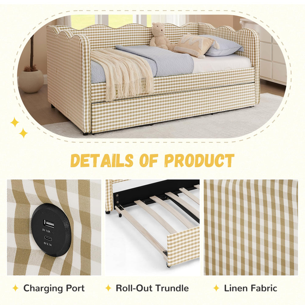 Twin to King Size Plaid Linen Upholstered Daybed with Trundle O949978
