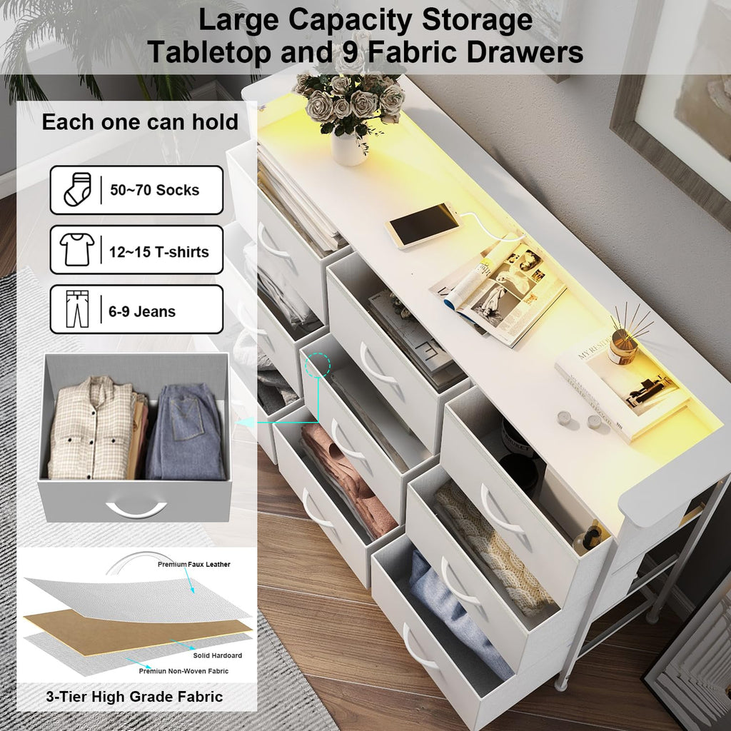 White 9 Drawer Dresser with LED Light and Charging Station T5798