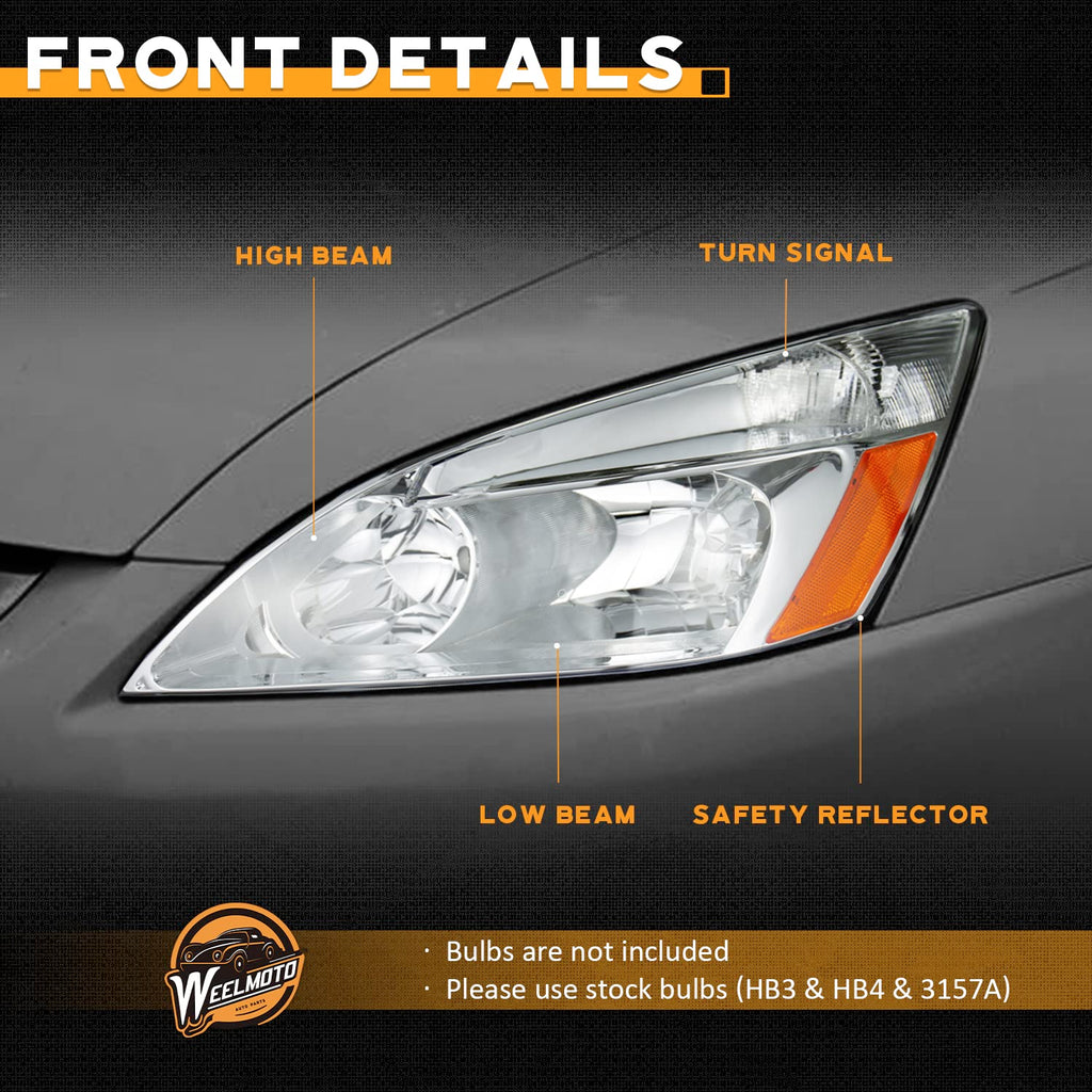 Headlights for 2003-2007 Honda Accord Chrome Housing Amber Reflector Left+Right S893