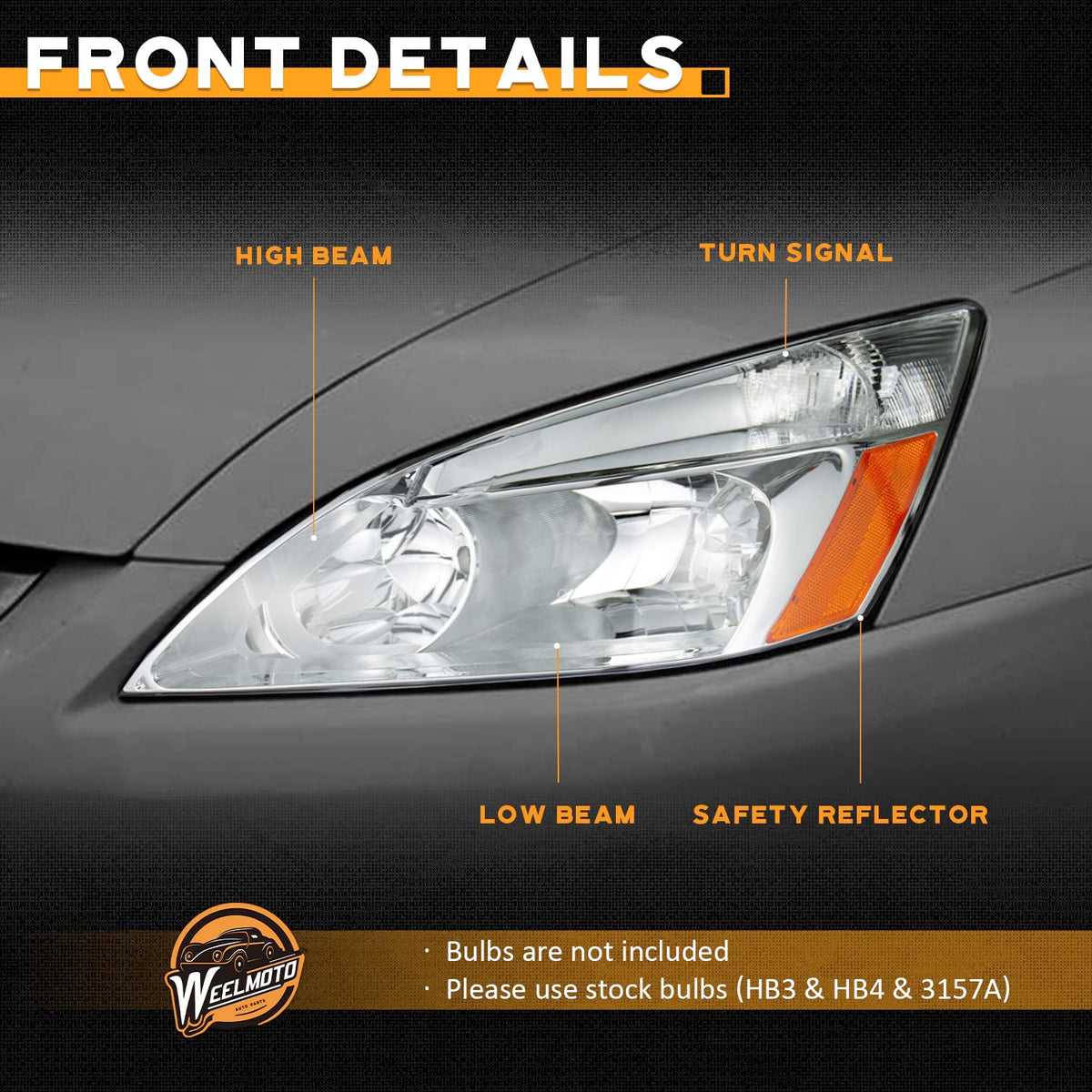 Headlights for 2003-2007 Honda Accord Chrome Housing Amber Reflector Left+Right S893