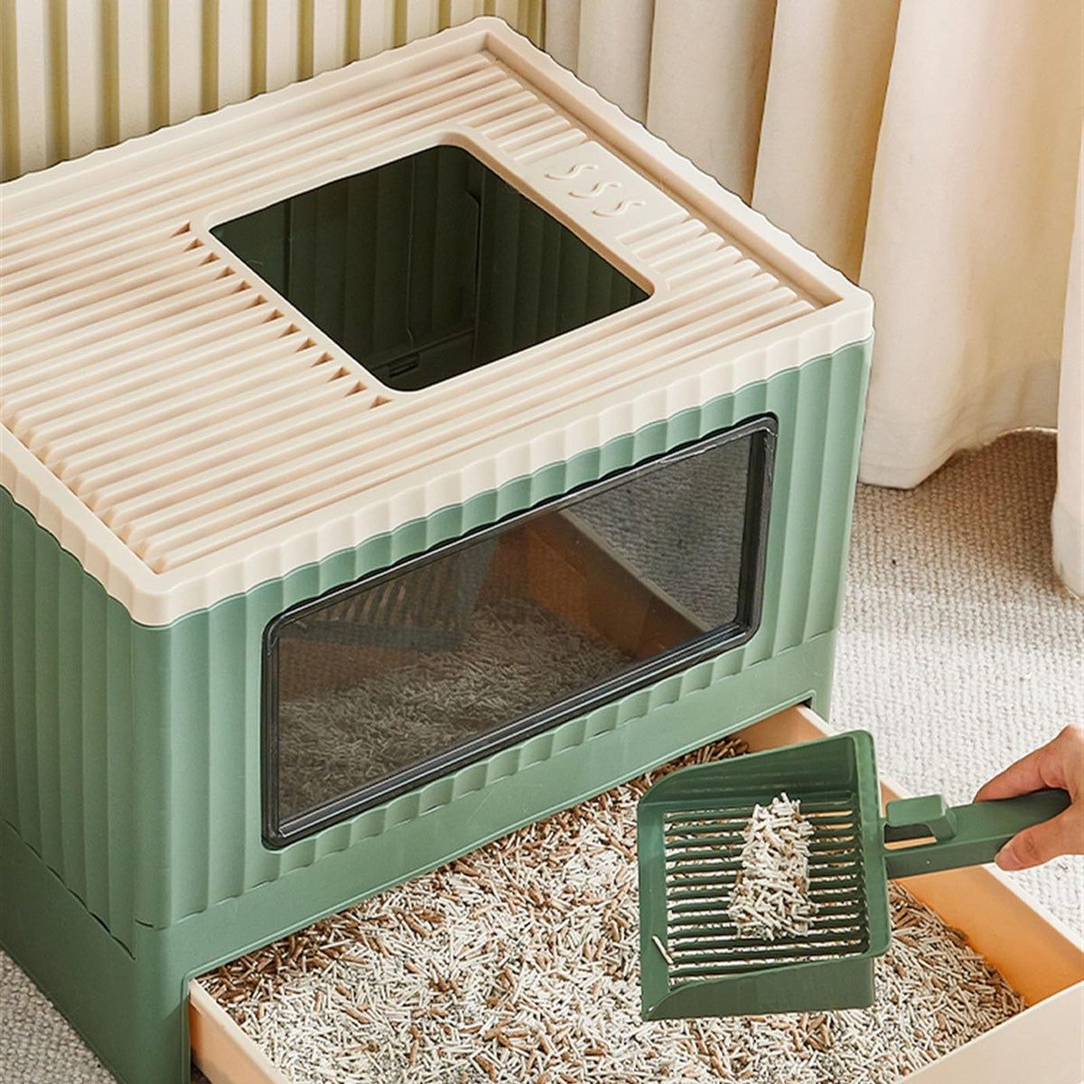 Top Entry Cat Litter Box with Lid Foldable Green R464036
