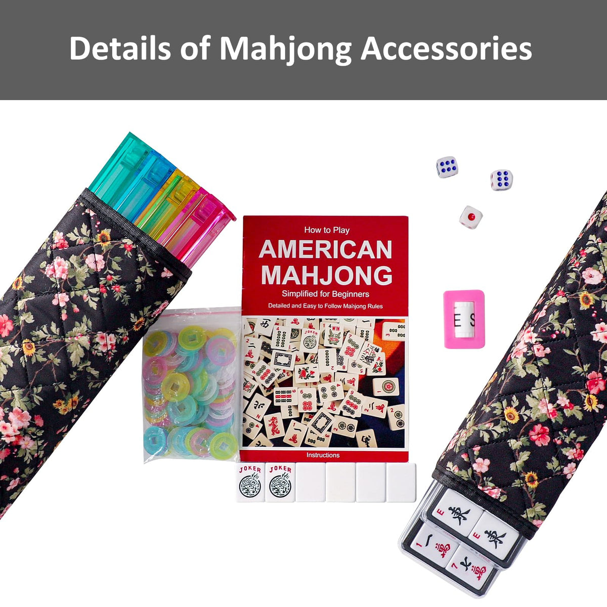 American Mahjong Game Set, 166 White Tiles, 4 Color Rack/Pushers, Black Carrying Bag V714069