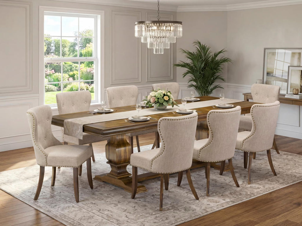 9 Pc Mid Century Dining Table Set with 8 Light Tan Linen Chairs A578800