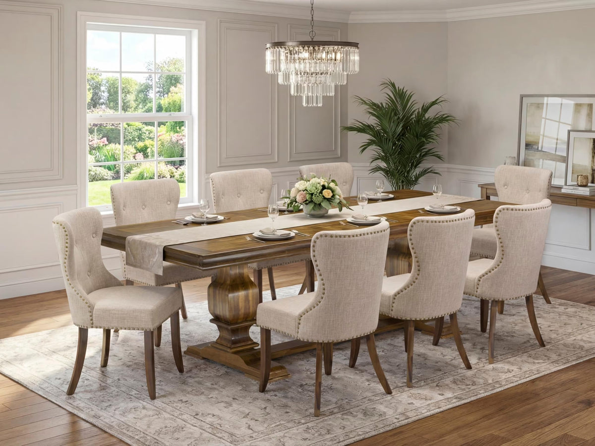 9 Pc Mid Century Dining Table Set with 8 Light Tan Linen Chairs A578800
