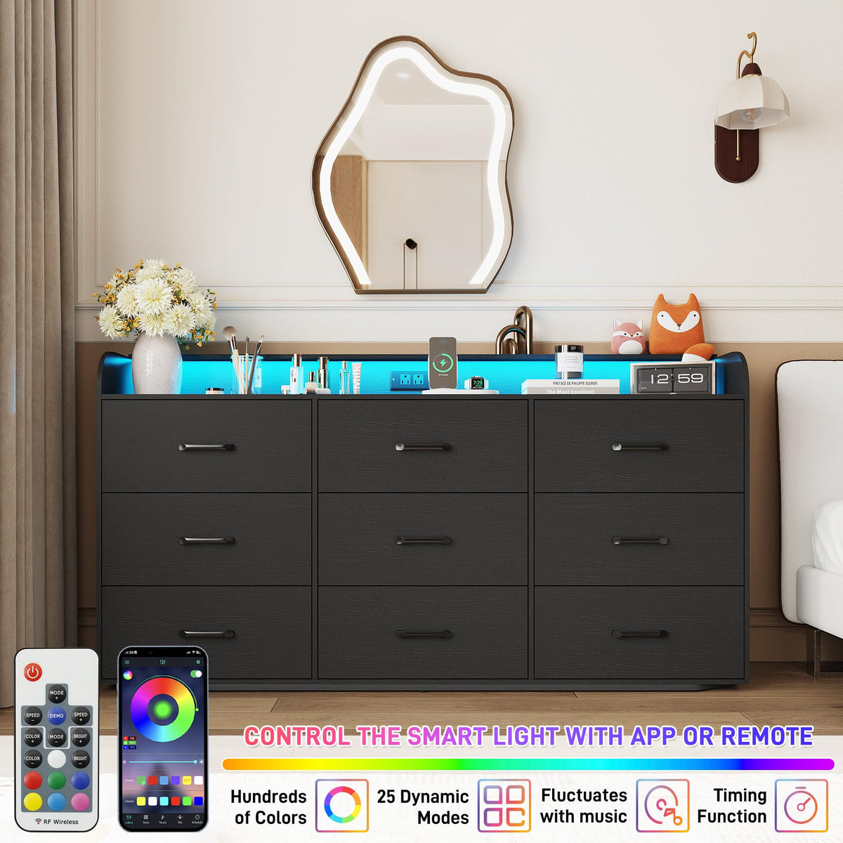Black 9 Drawer Wood Dresser with Power Outlet and LED Lights V62954
