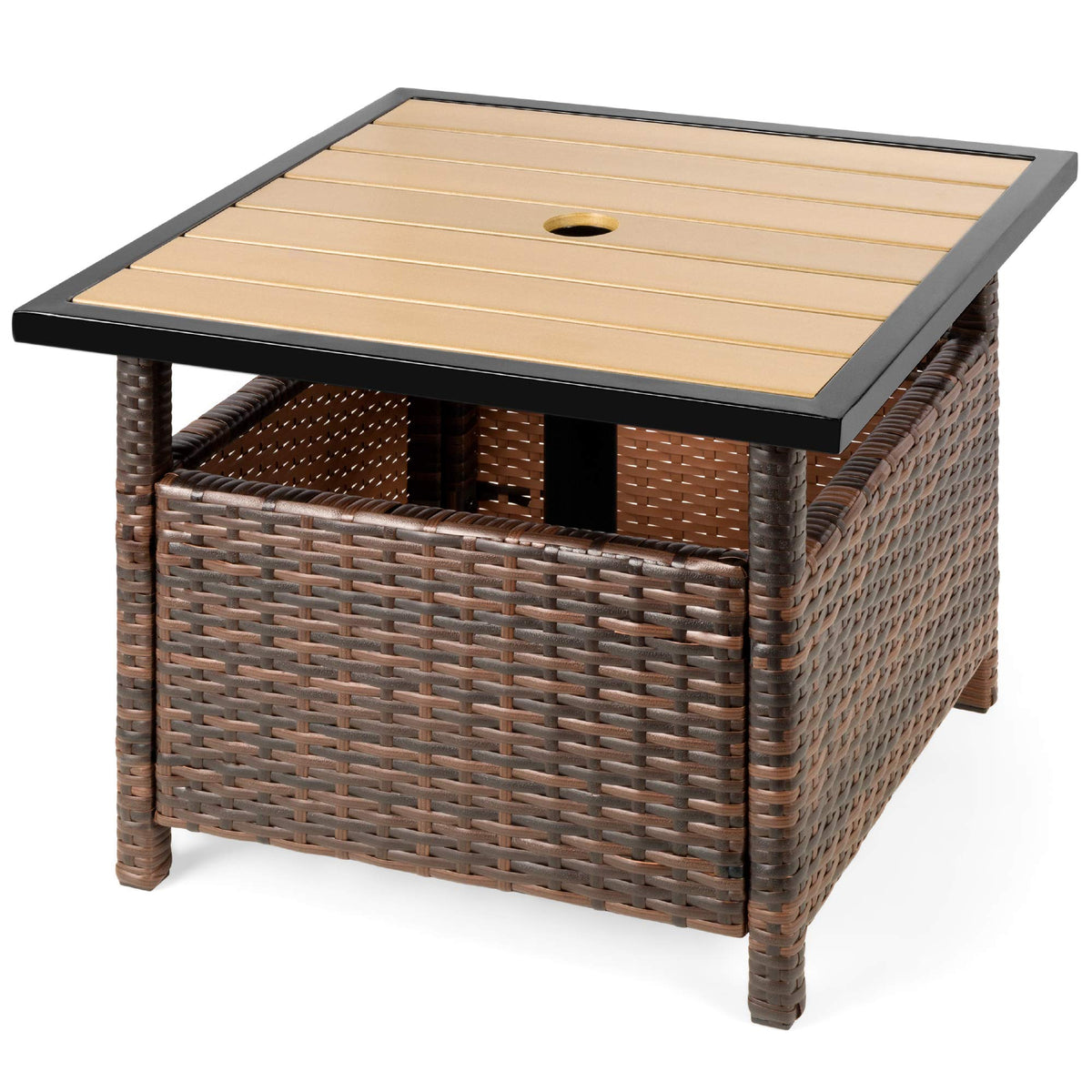 Brown Wicker Square Side Table with Umbrella Hole Q378252