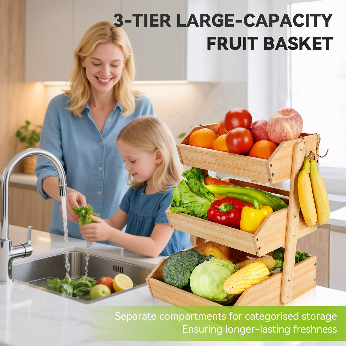 3 Tier Bamboo Fruit Basket with 2 Banana Hangers Q516670
