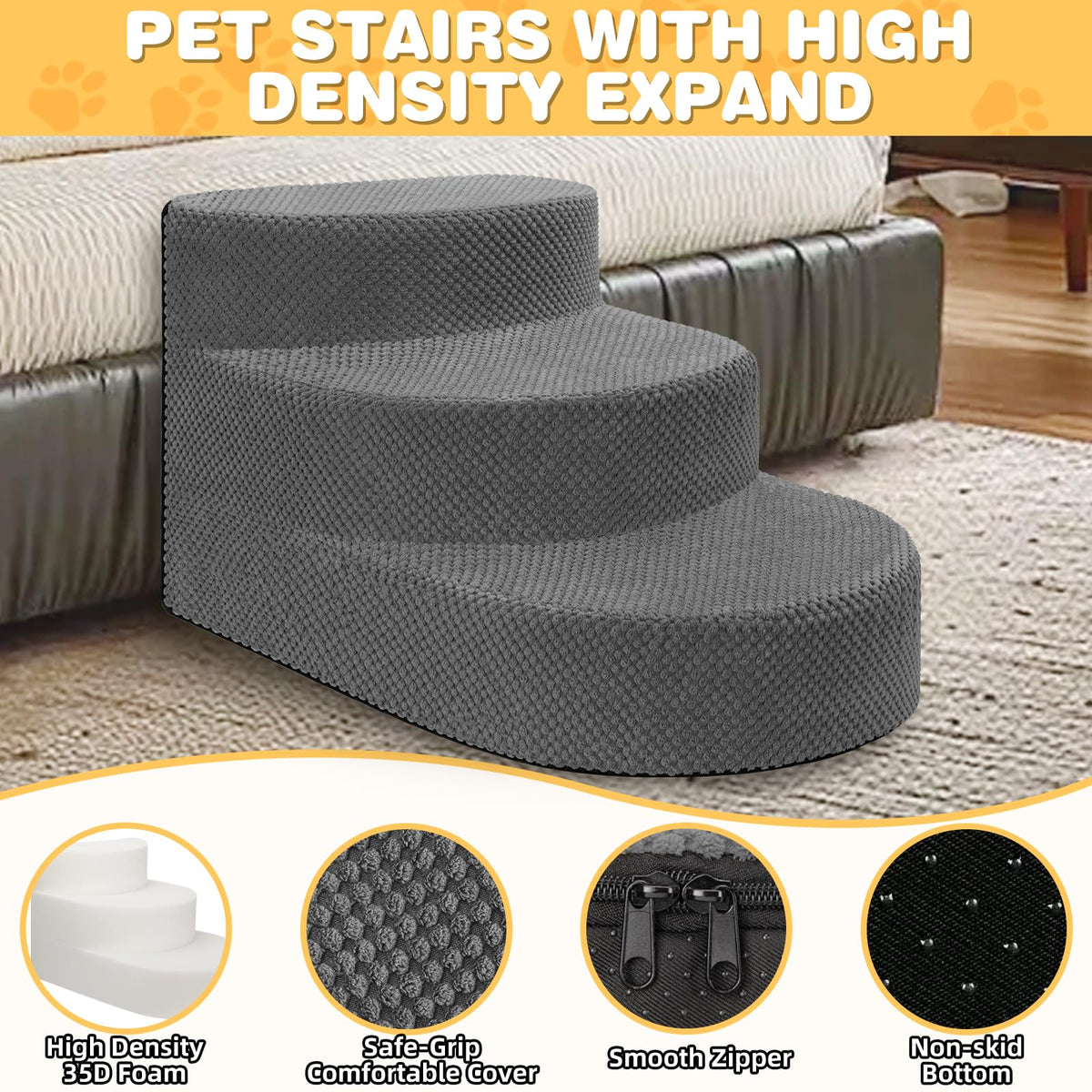 Grey 3 Steps Foam Dog Stairs M187047