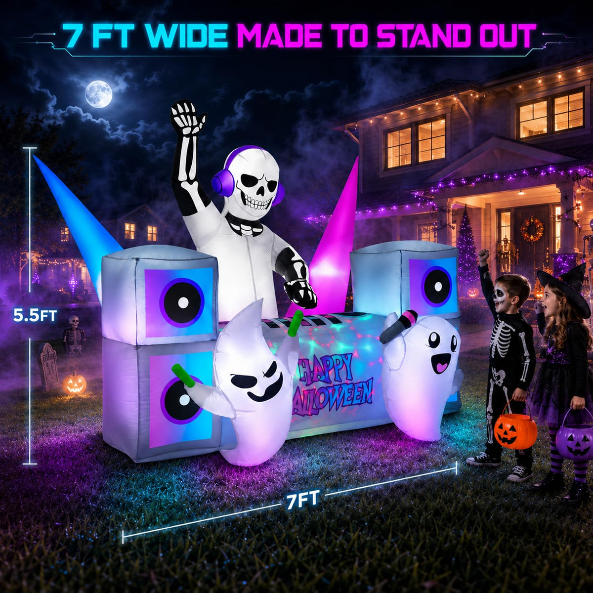 7FT Halloween Inflatable Skeleton DJ Ghosts with Multi-Color LEDs Q195070