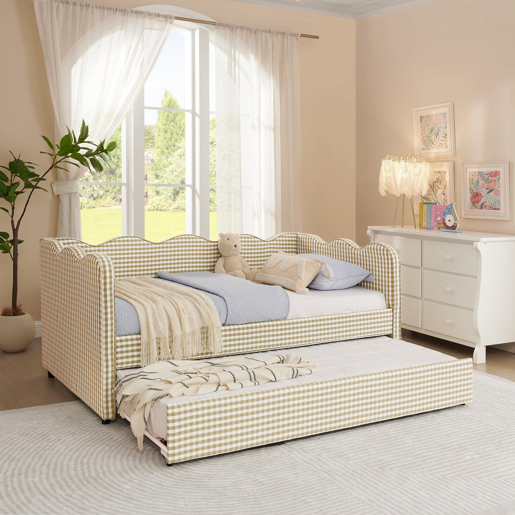 Twin to King Size Plaid Linen Upholstered Daybed with Trundle O949978