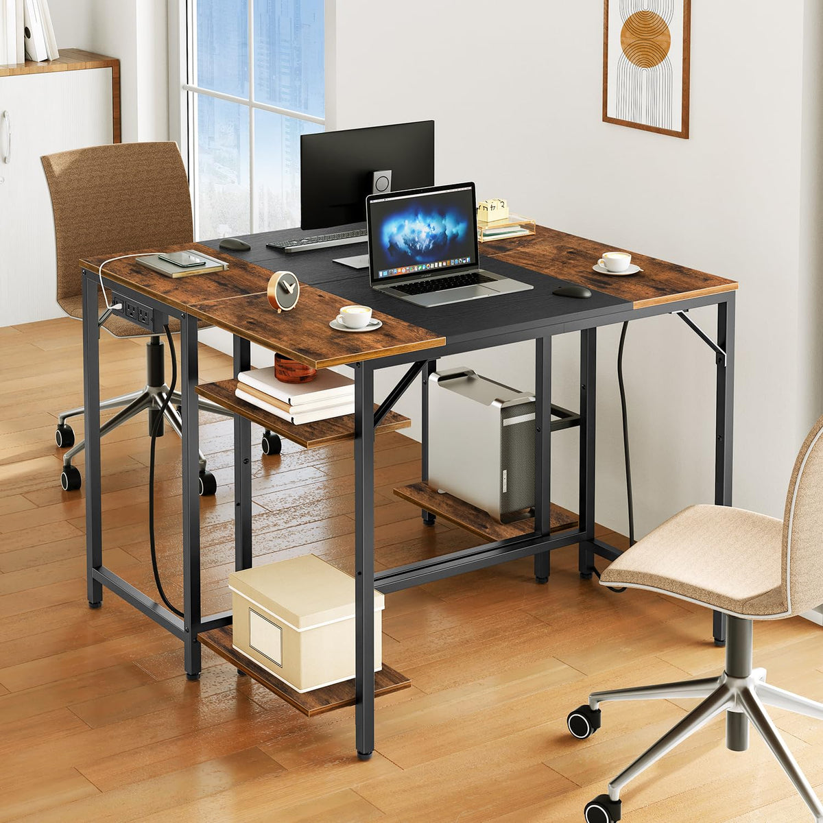 Small Computer Desk with Power Outlet and 2 Shelves B7244