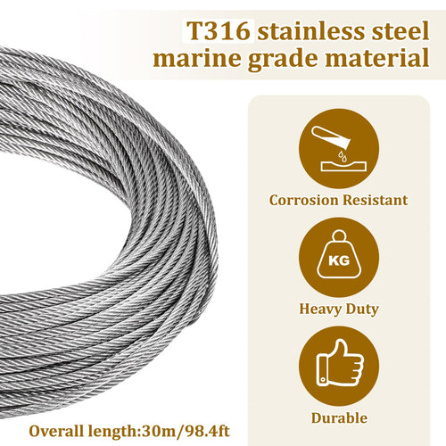 1/8" Stainless Steel Cable 100ft Wire Rope with Loop Sleeve and Thimble X373