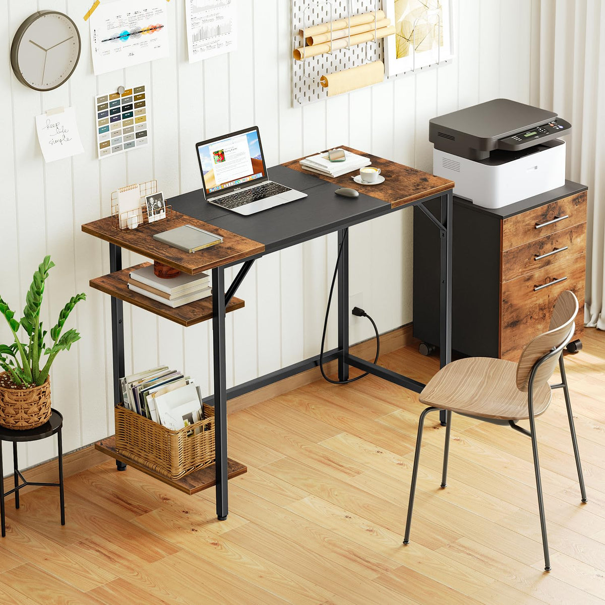 Small Computer Desk with Power Outlet and 2 Shelves B7244