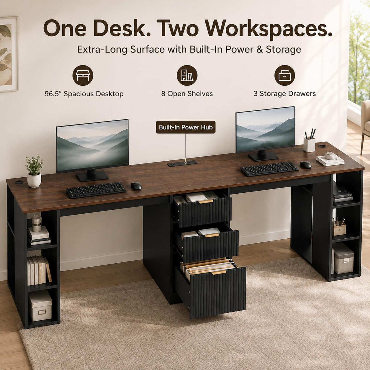 Black 2 Person Desk with Power Outlet and USB Ports H1743