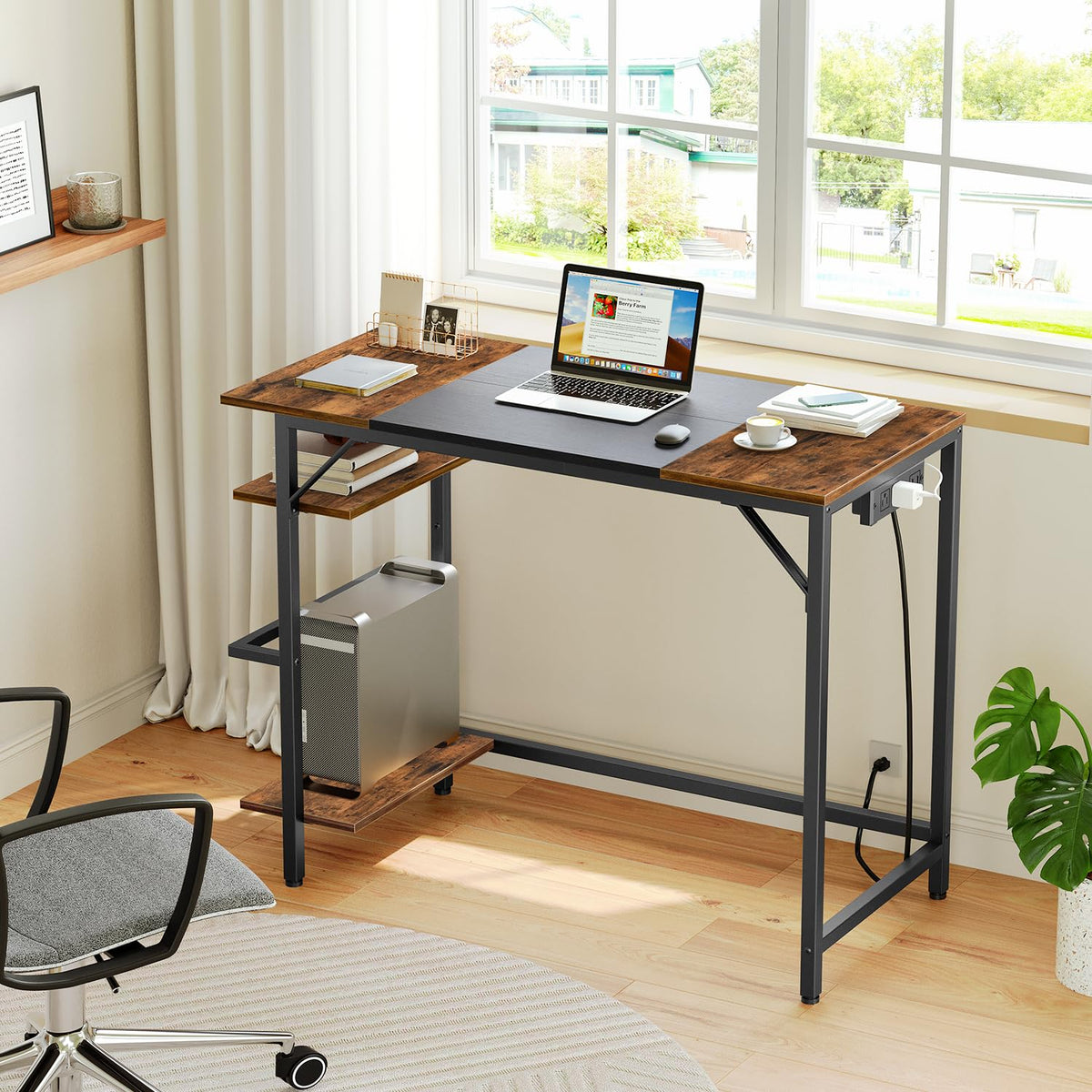 Small Computer Desk with Power Outlet and 2 Shelves B7244