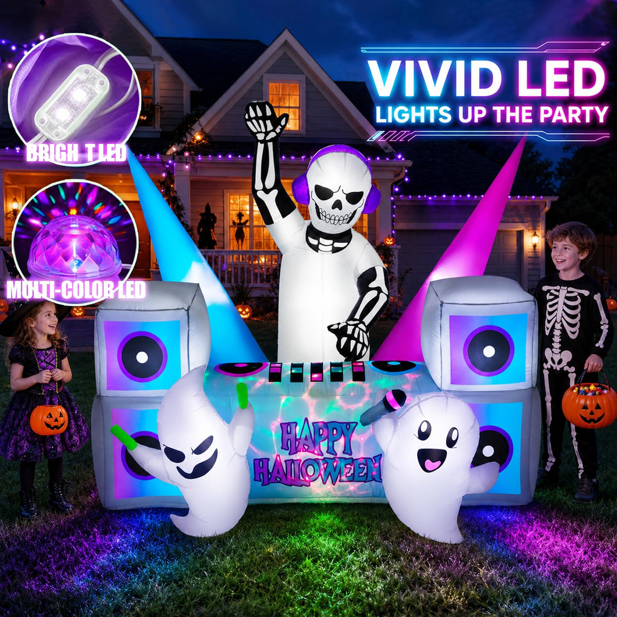 7FT Halloween Inflatable Skeleton DJ Ghosts with Multi-Color LEDs Q195070