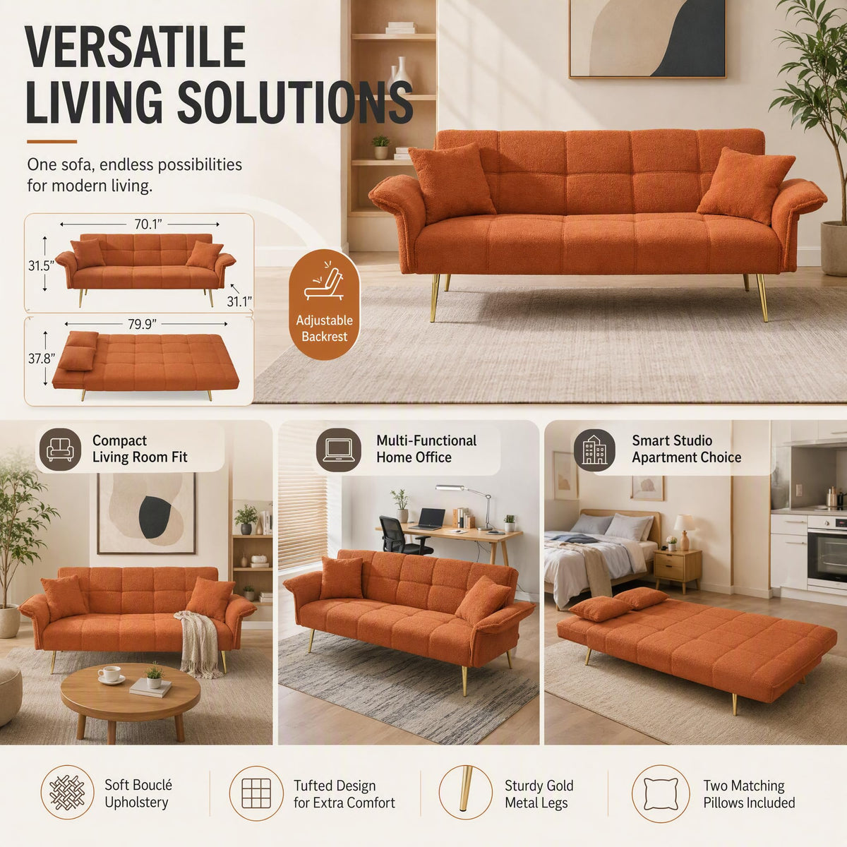 Orange Velvet 2 Seater Futon Sofa Bed F380