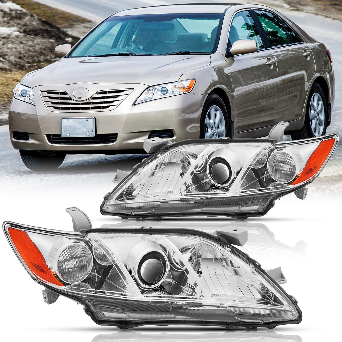 Headlights Assembly Pair Chrome Housing Amber Reflector L209915