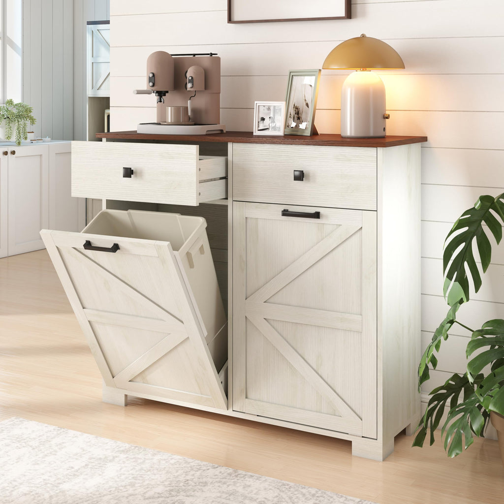 Antique White Wooden Tilt Out Trash Cabinet with 2 Storage Drawers O39644