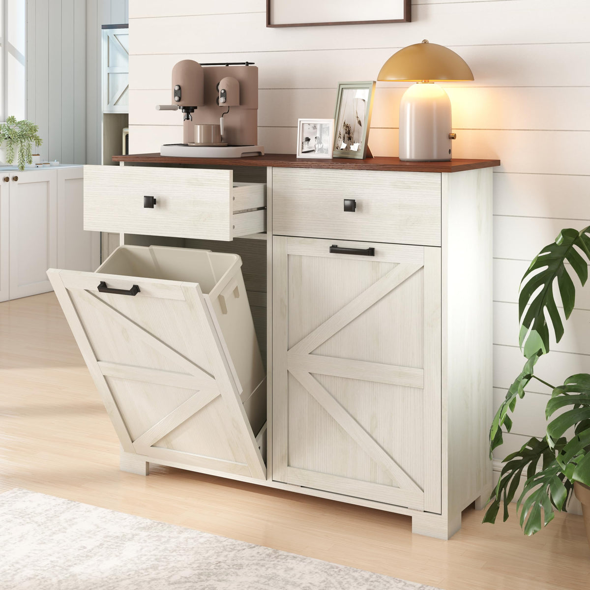 Antique White Wooden Tilt Out Trash Cabinet with 2 Storage Drawers O39644