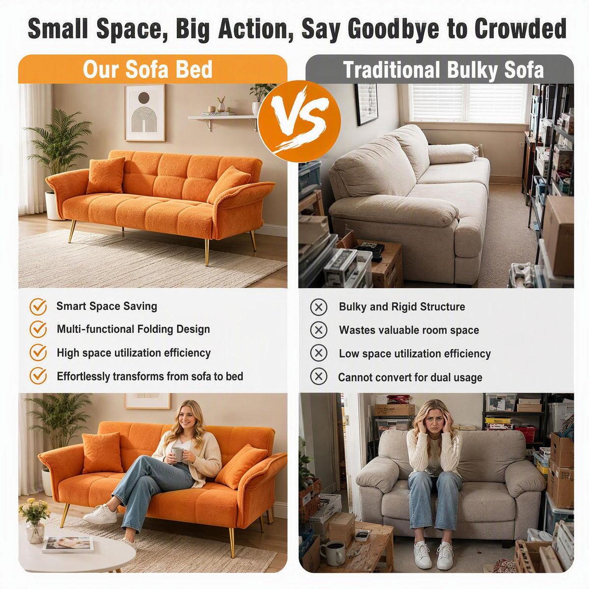 Orange Velvet 2 Seater Futon Sofa Bed F380