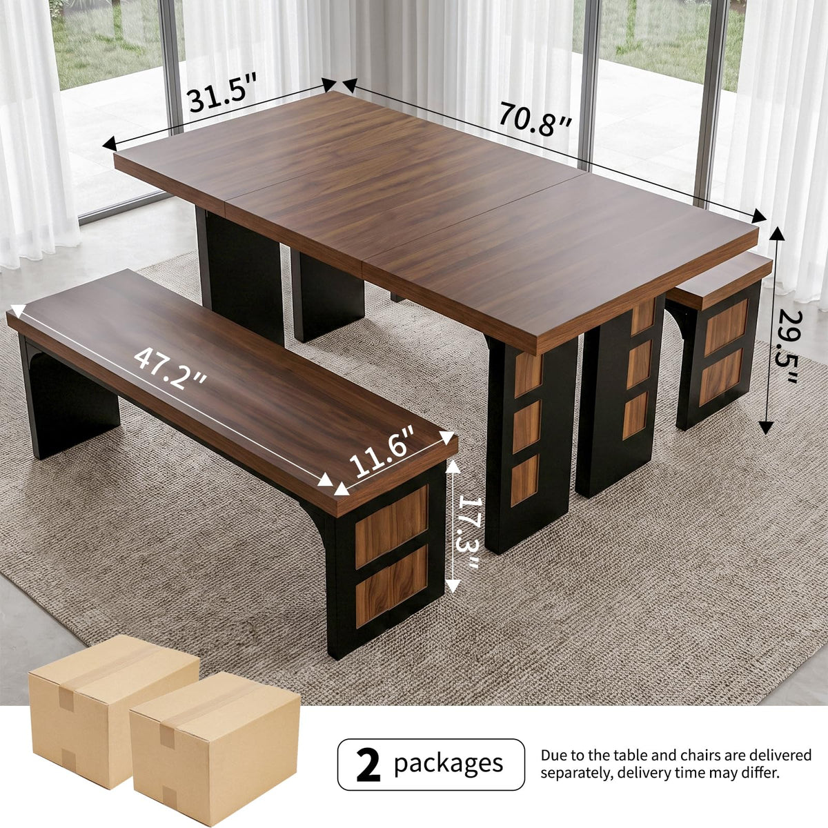70.9" Wood Dining Table Set with 2 Benches L165