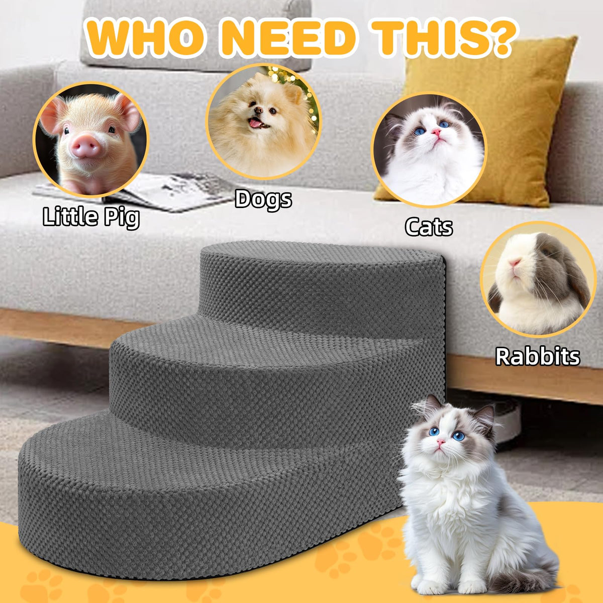 Grey 3 Steps Foam Dog Stairs M187047