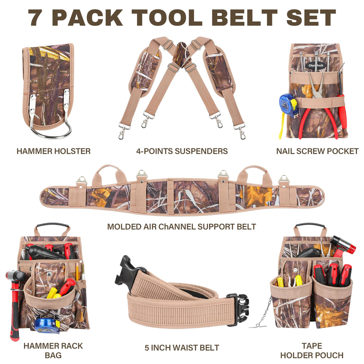 7-Piece Tool Belt Rig with 16 Pockets and Dual Hammer Loops O2994