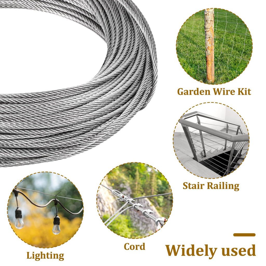 1/8" Stainless Steel Cable 100ft Wire Rope with Loop Sleeve and Thimble X373