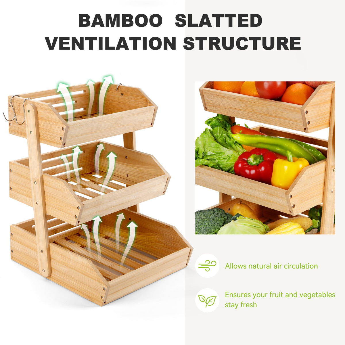 3 Tier Bamboo Fruit Basket with 2 Banana Hangers Q516670