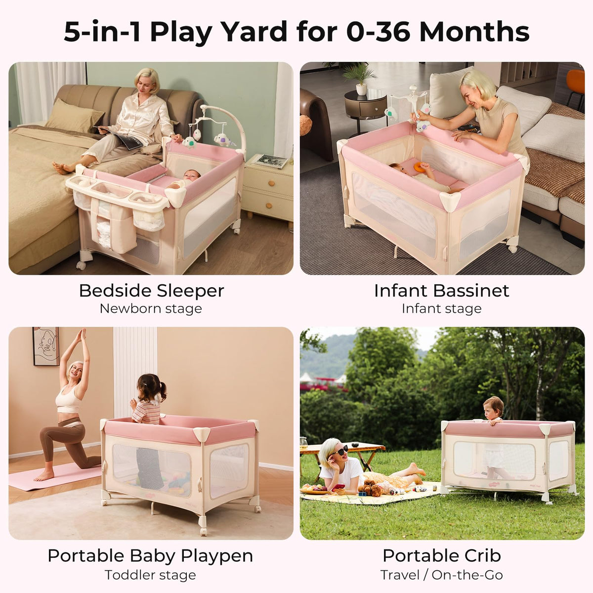 5 in 1 Pack and Play Bedside Crib Playard with Mattress O1026