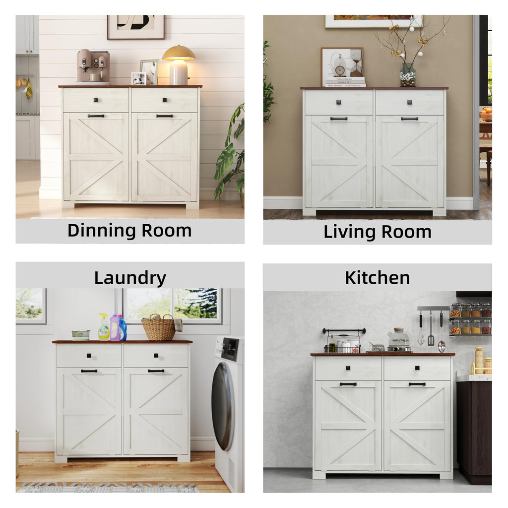 Antique White Wooden Tilt Out Trash Cabinet with 2 Storage Drawers O39644