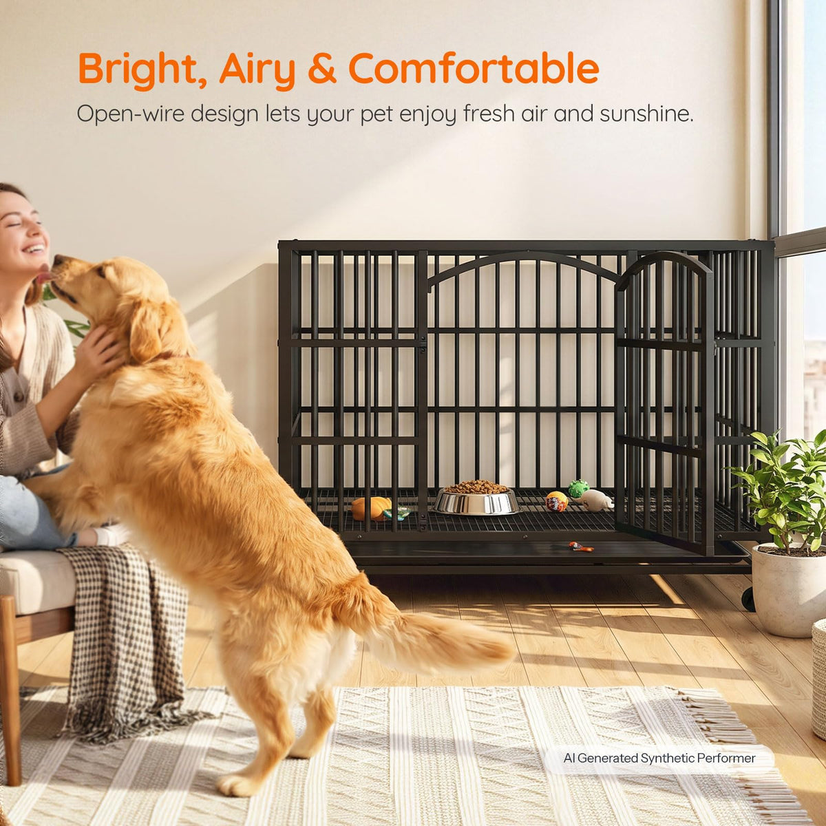 48-Inch Heavy Duty Dog Crate with 2 Doors, Lockable Wheels & Removable Tray, Black S126
