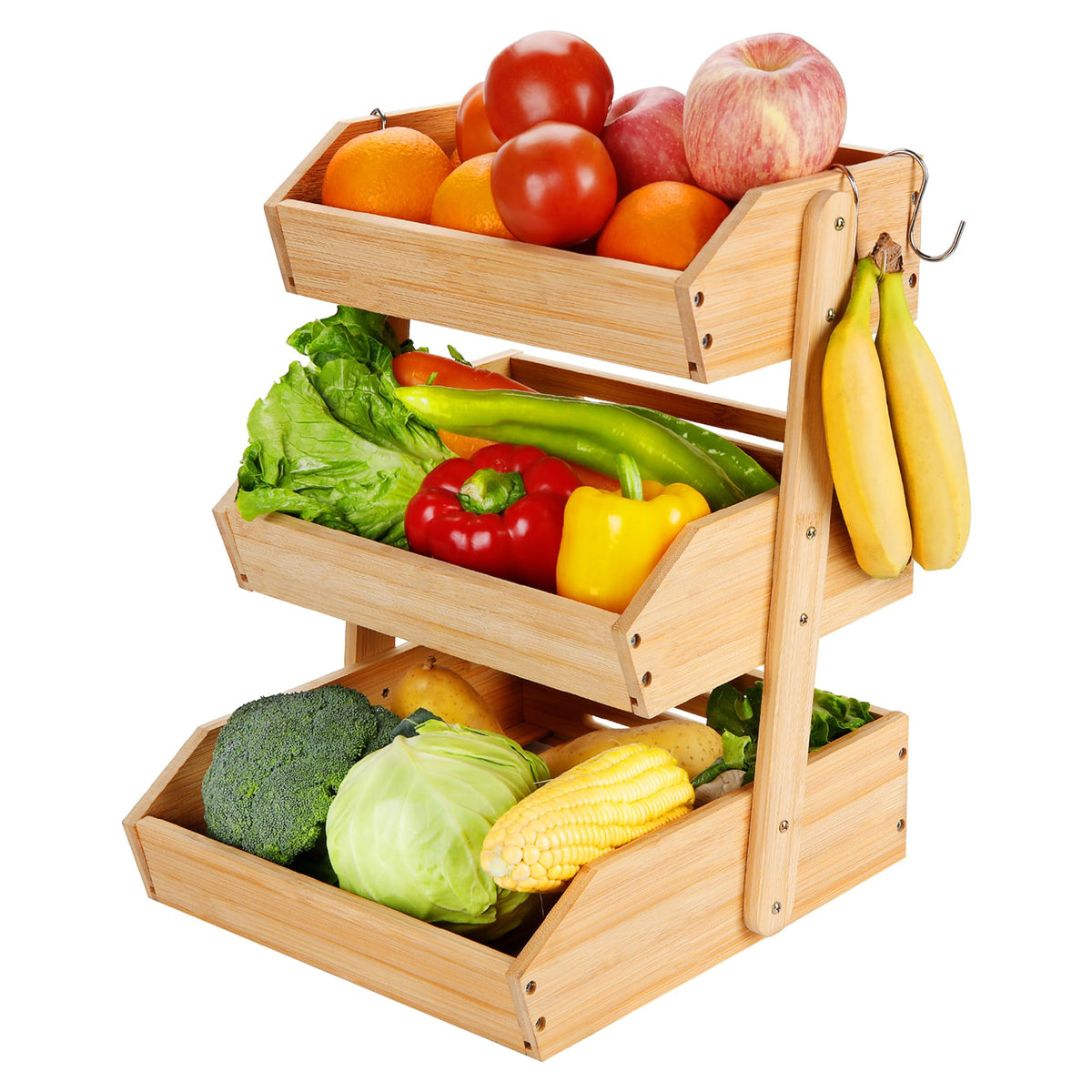 3 Tier Bamboo Fruit Basket with 2 Banana Hangers Q516670