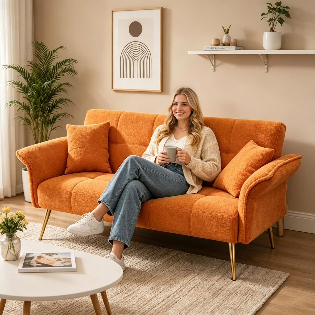 Orange Velvet 2 Seater Futon Sofa Bed F380