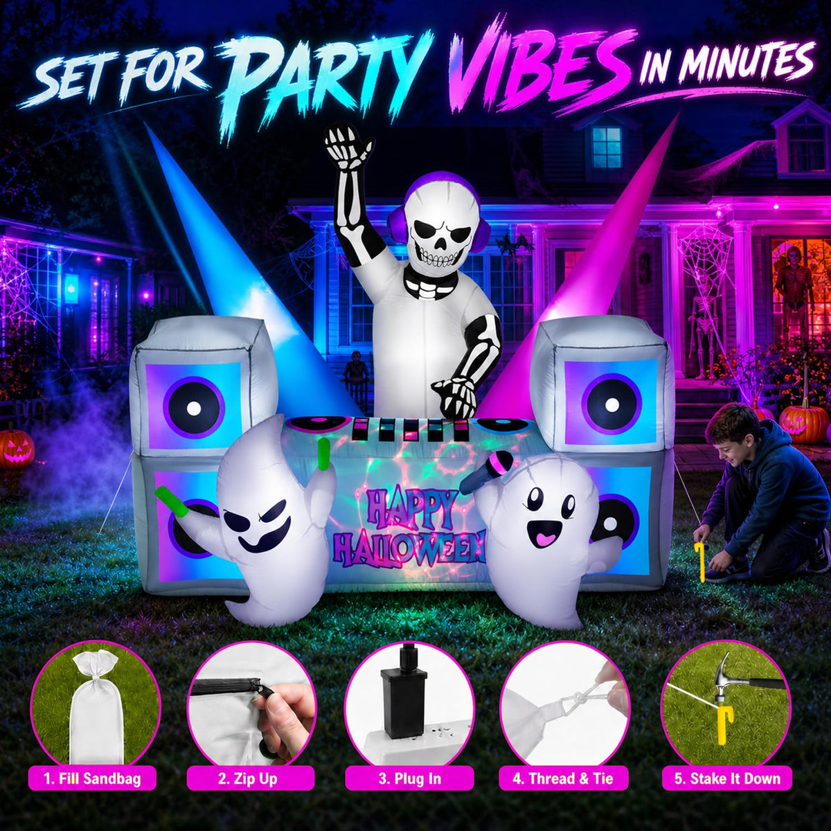 7FT Halloween Inflatable Skeleton DJ Ghosts with Multi-Color LEDs Q195070